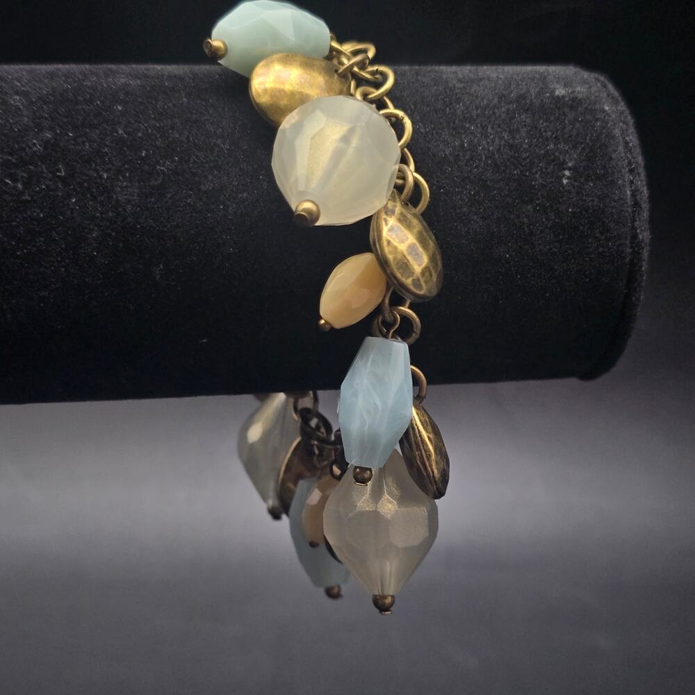 Premier Designs Boca Beaded Charm Bracelet Blue Cream Antiqued Gold Tone